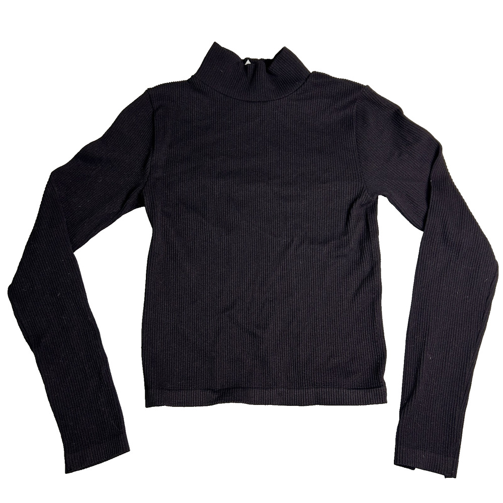 Zenana Ribbed Mock Neck Womens S/M Black Fitted Base Layer Stretch Minimalist